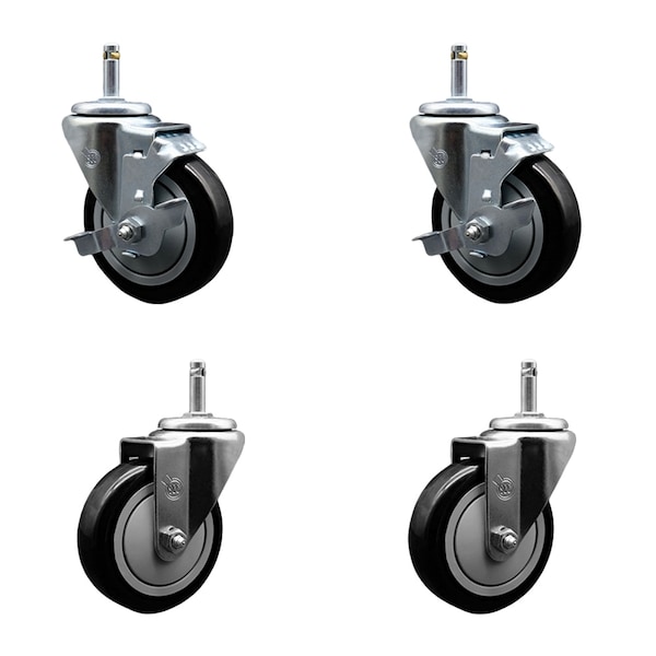 Service Caster 4'' Black Poly Wheel Swivel 7/16'' Grip Ring Stem Caster Set 2 Brakes, 4PK SCC-GR20S414-PPUB-BLK-TLB-716138-2S2 - main